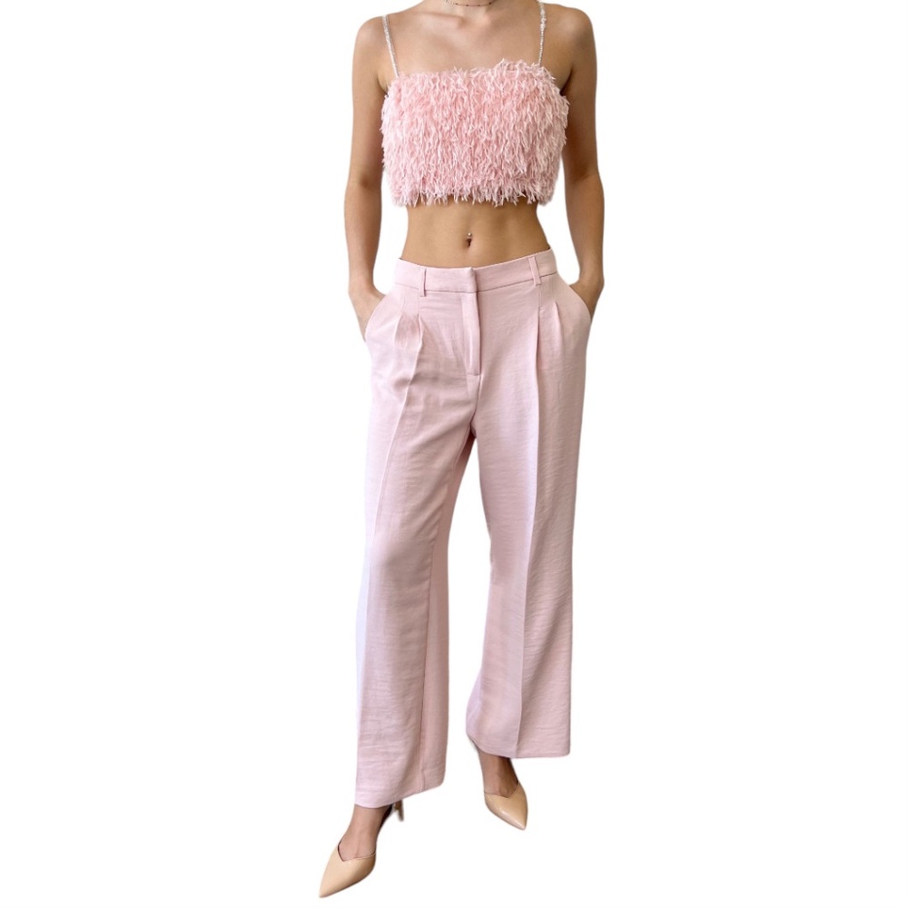 NEW House of Harlow 1960 SET Pink Stone Feather Stretchy Crop Top Wide Pants 10